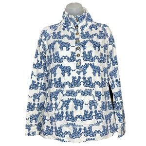 Lilly Pulitzer Navy Pack Your Trunks Elephant Half Button Captain Popover Blouse
